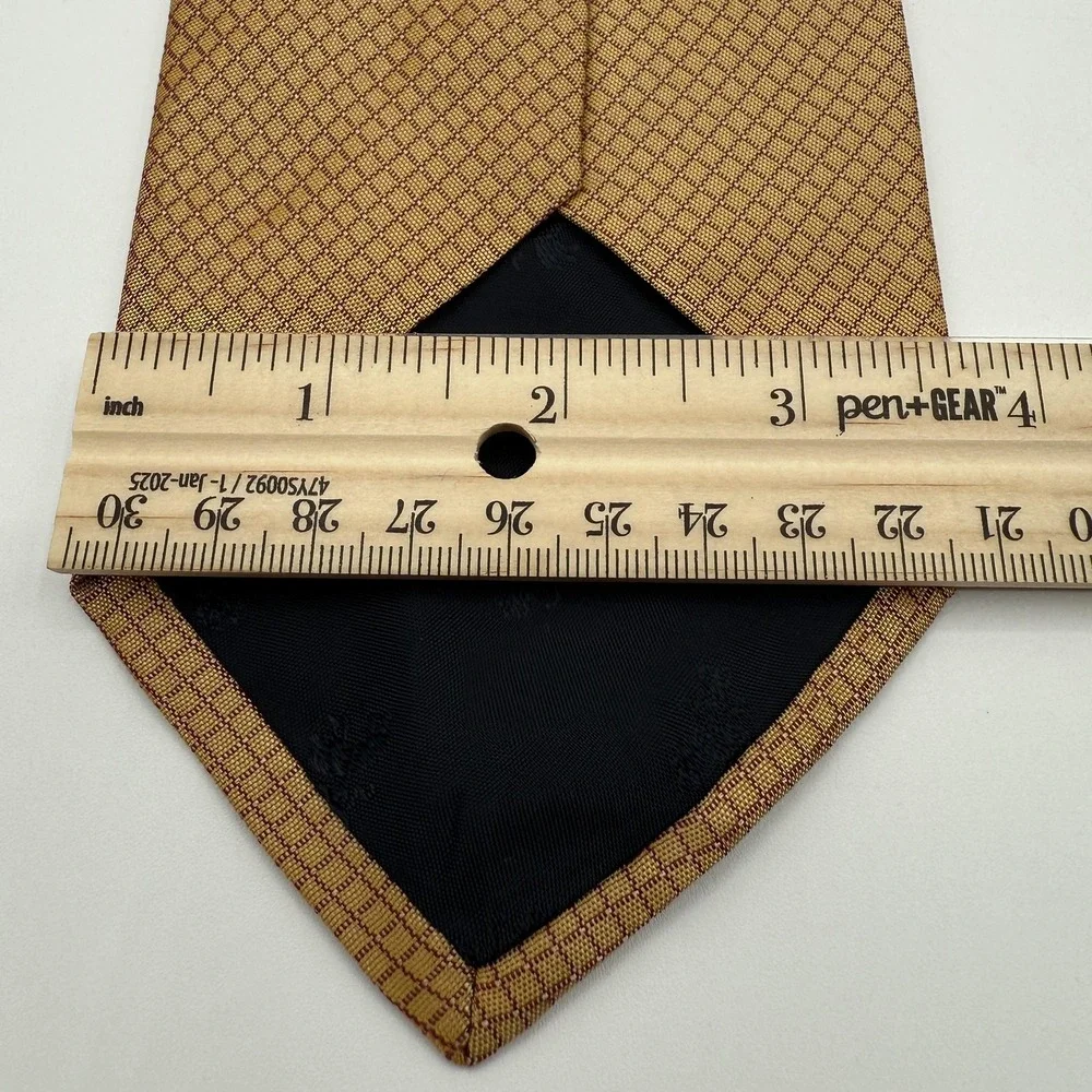 Brooks Basics Tie Mens Gold Pure‎ Silk Geometric Check Made In USA Classic